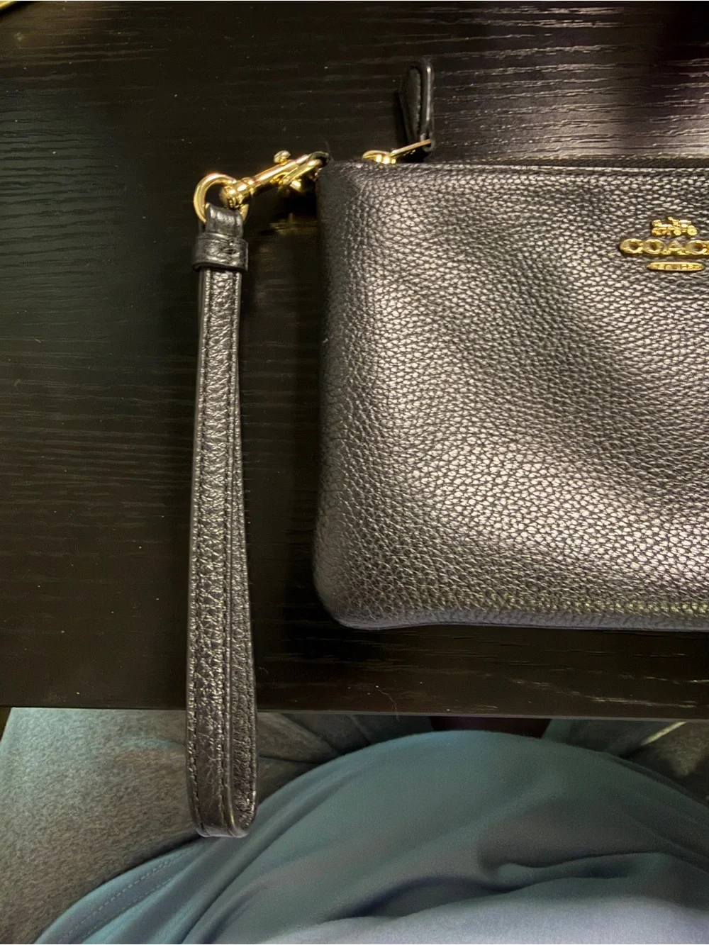 Coach Black Pebbled Leather Wristlet with Gold Hardware